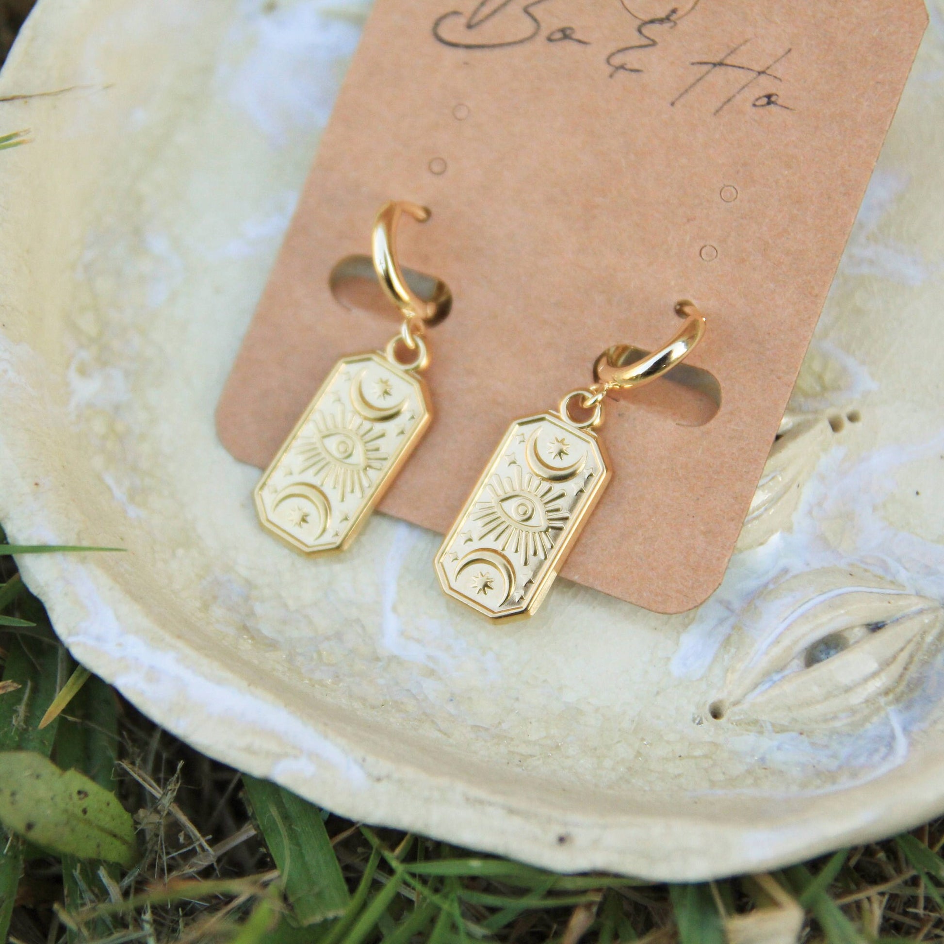 Rectangle Celestial Eye Earrings | Eye, Moon, Star Huggie Earrings