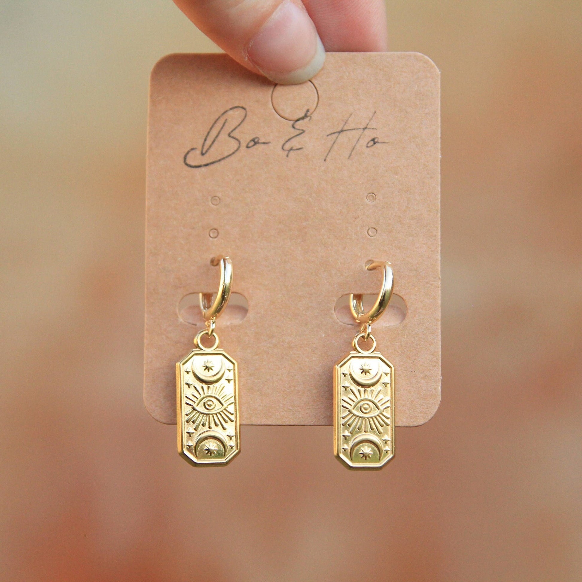 Rectangle Celestial Eye Earrings | Eye, Moon, Star Huggie Earrings