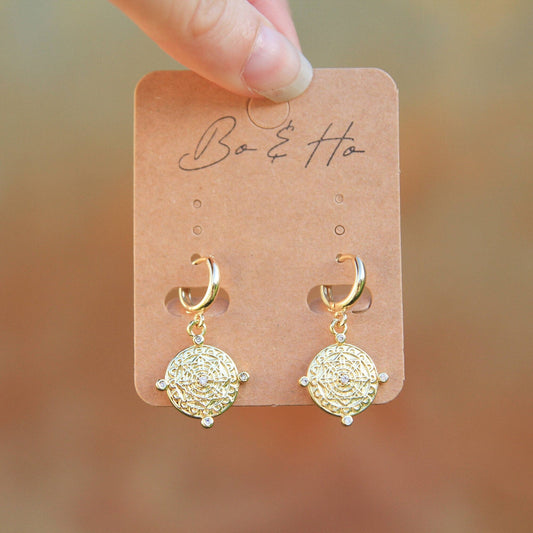 Gold Mandala Coin Huggies / Gold Mandala Huggie Hoop Earrings