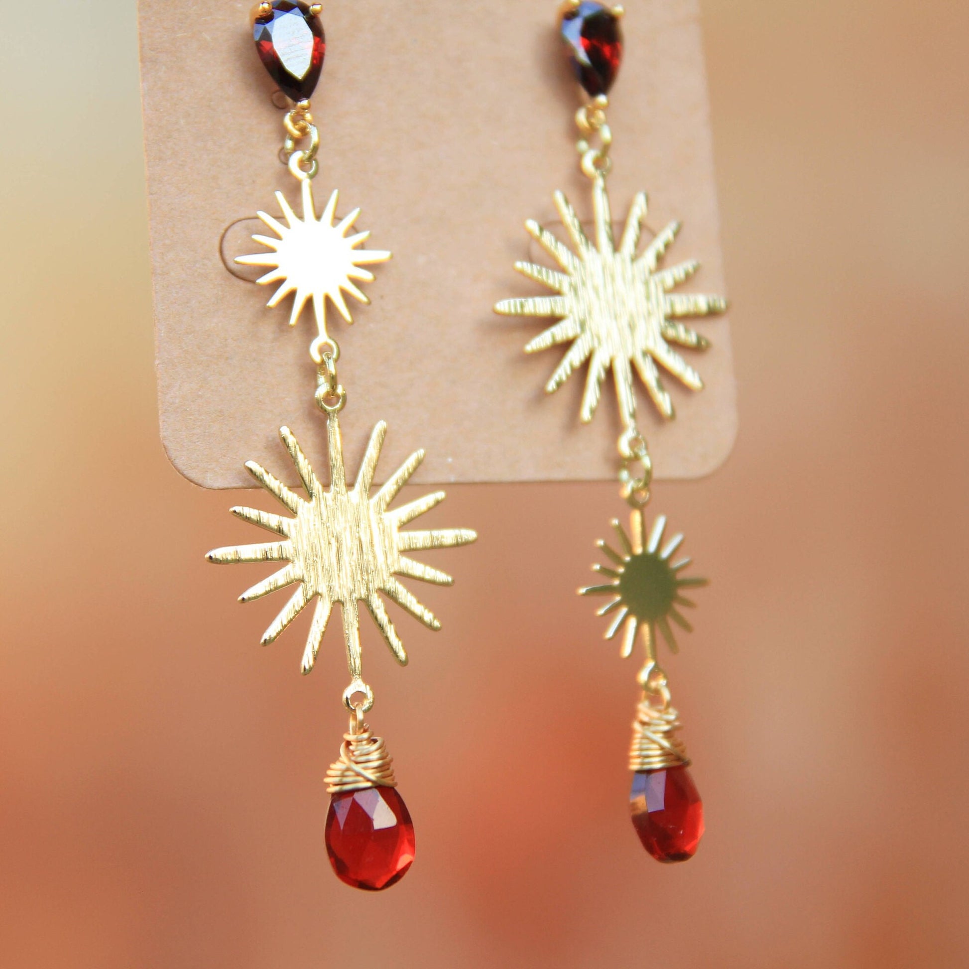 Gold Garnet Sun Earrings