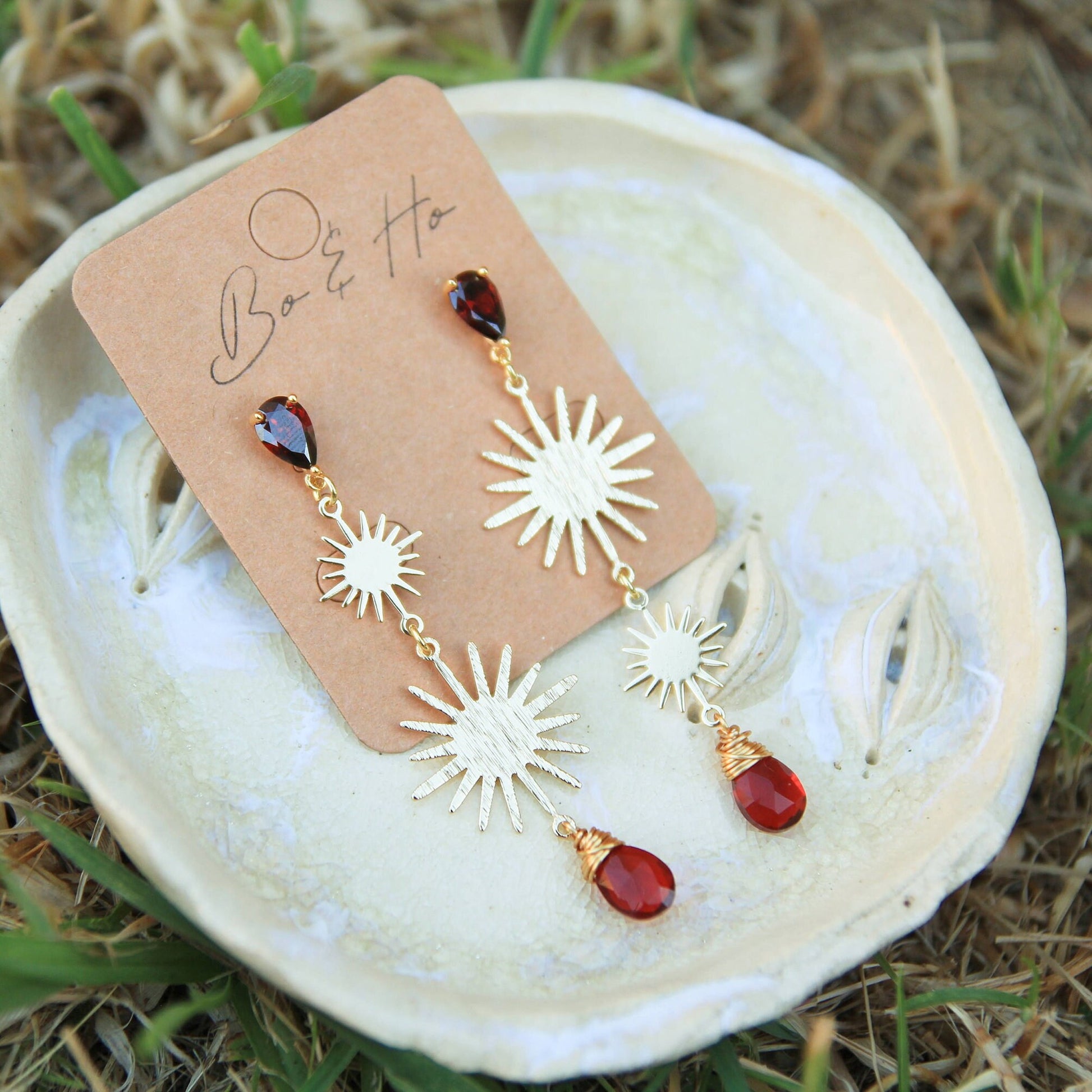 Gold Garnet Sun Earrings