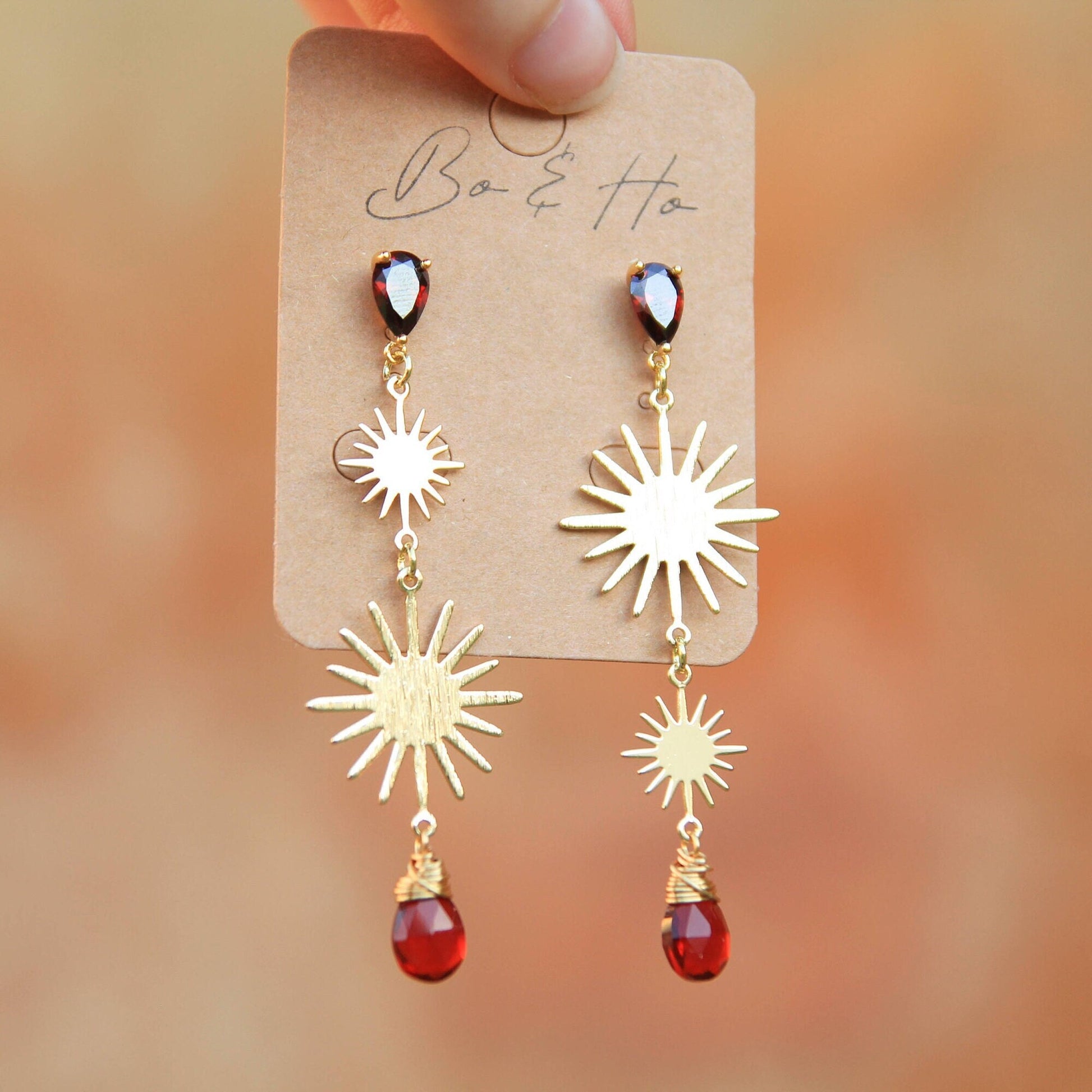 Gold Garnet Sun Earrings