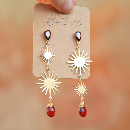 Gold Garnet Sun Earrings