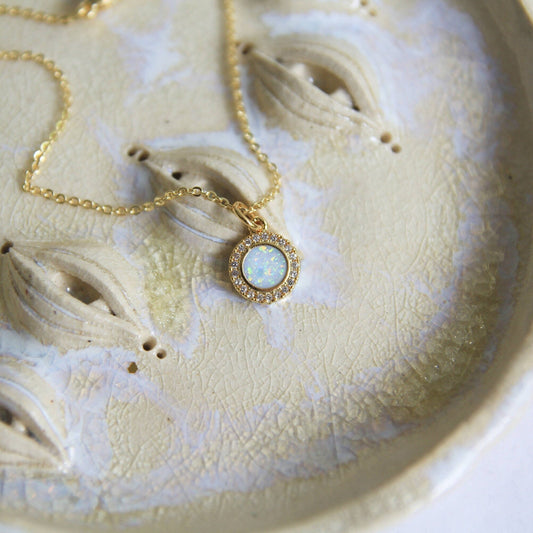 Round Opal Pendant Necklace with Cubic Zirconia Halo