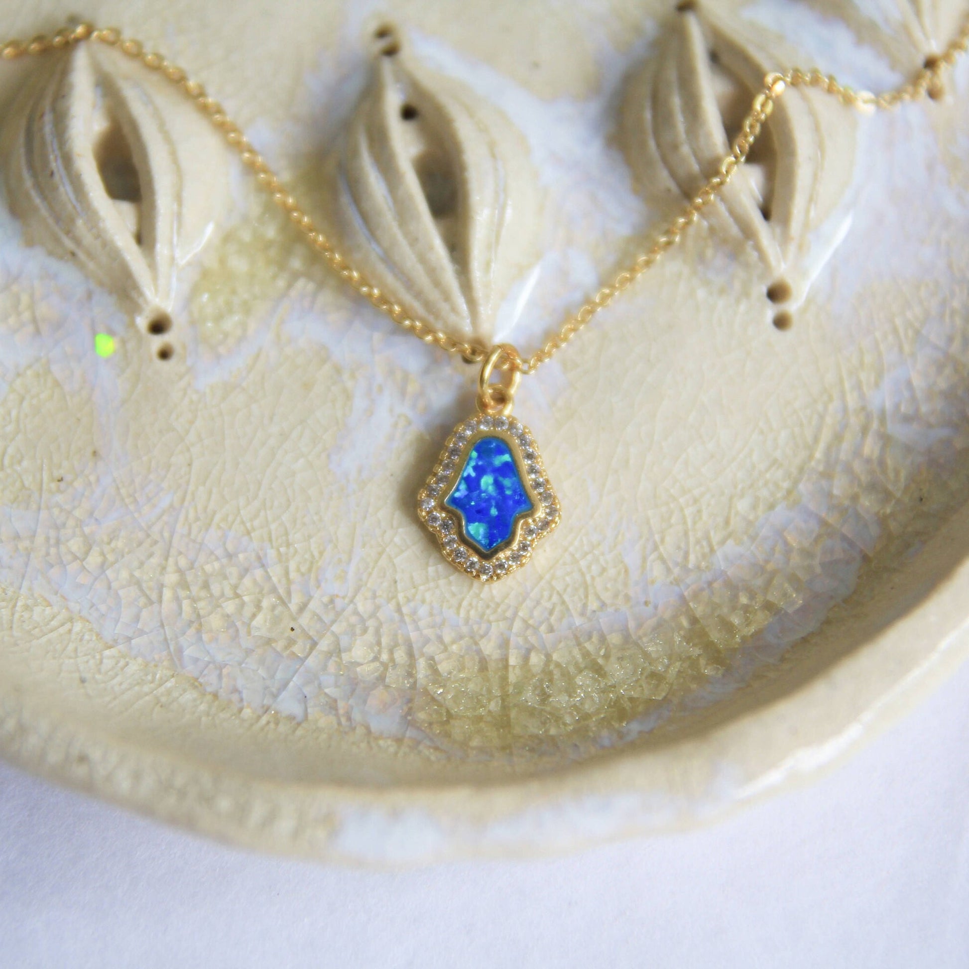 Hamsa Hand Opal Pendant Necklace with Cubic Zirconia Halo
