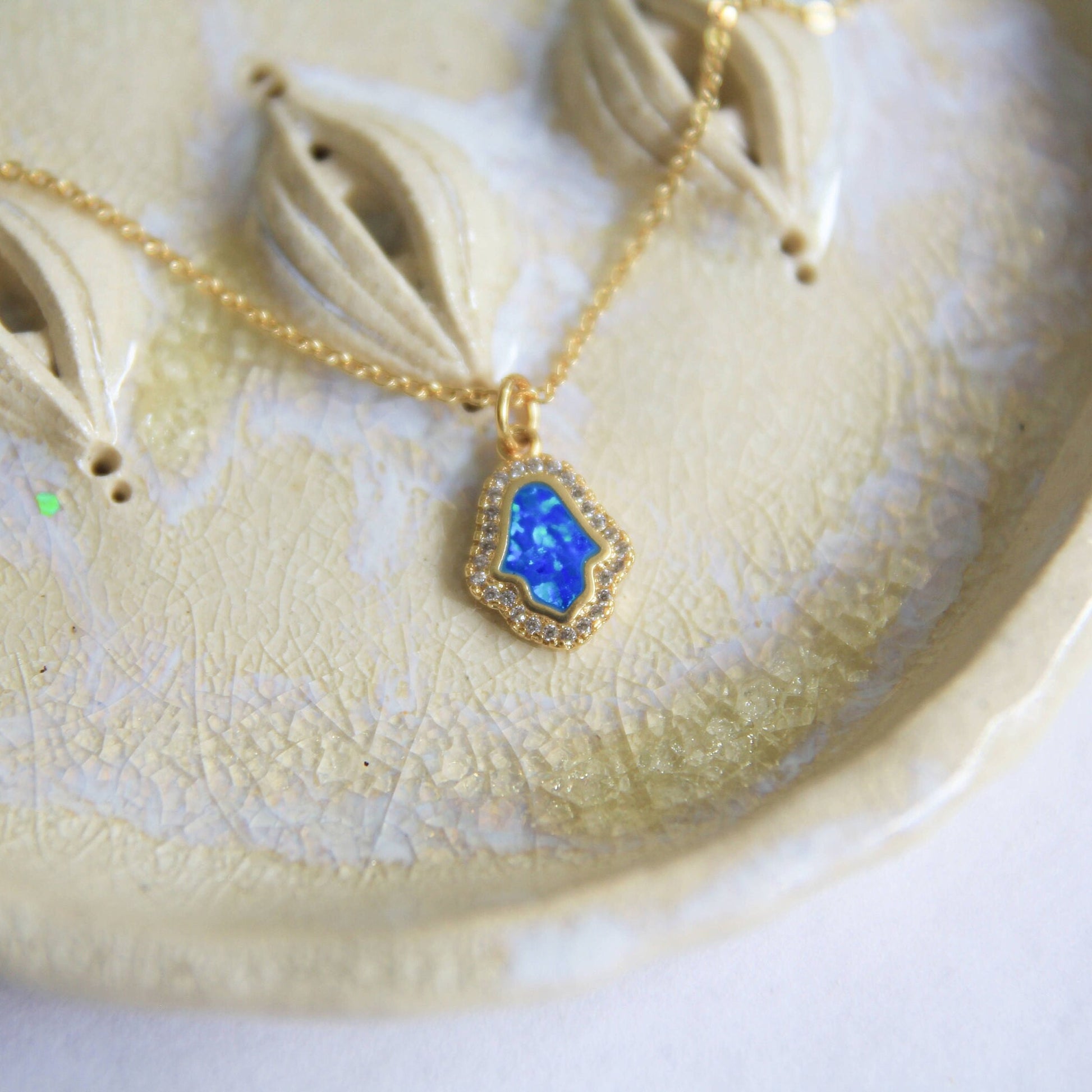 Hamsa Hand Opal Pendant Necklace with Cubic Zirconia Halo