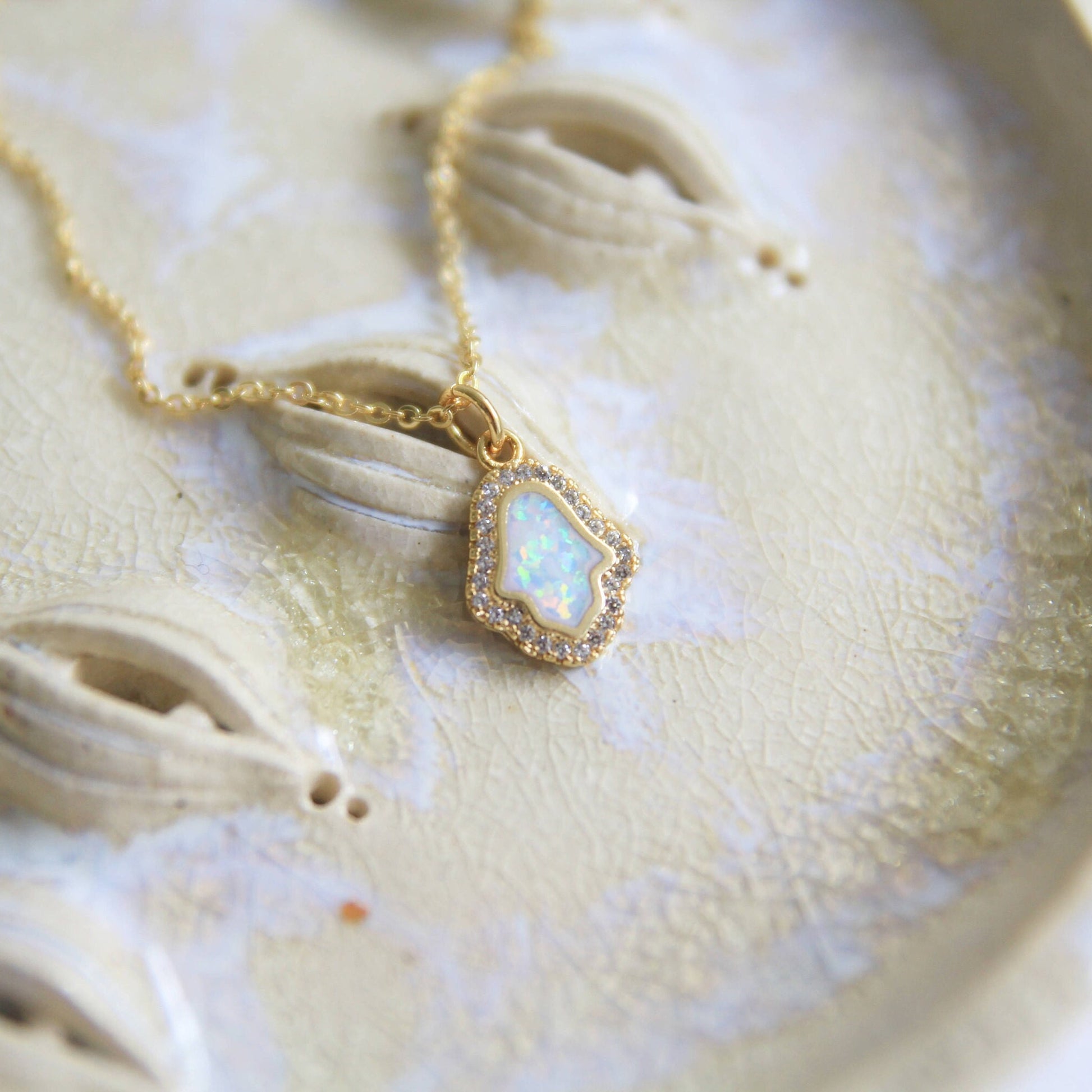 Hamsa Hand Opal Pendant Necklace with Cubic Zirconia Halo