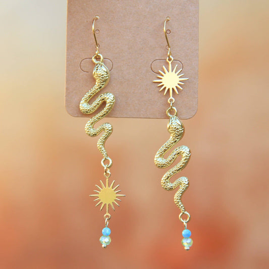 Blue Opal, Green Crystal, Asymmetric Gold Sun & Snake Earrings