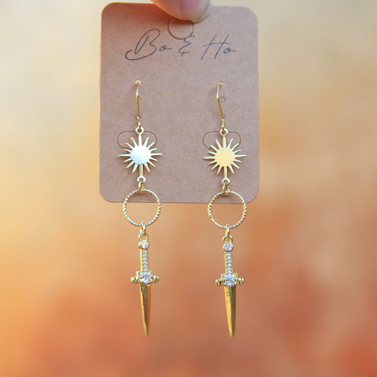 Gold Sun Dagger Knife Earrings
