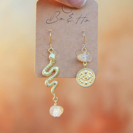 Gold Snake and Starry Eye Earrings